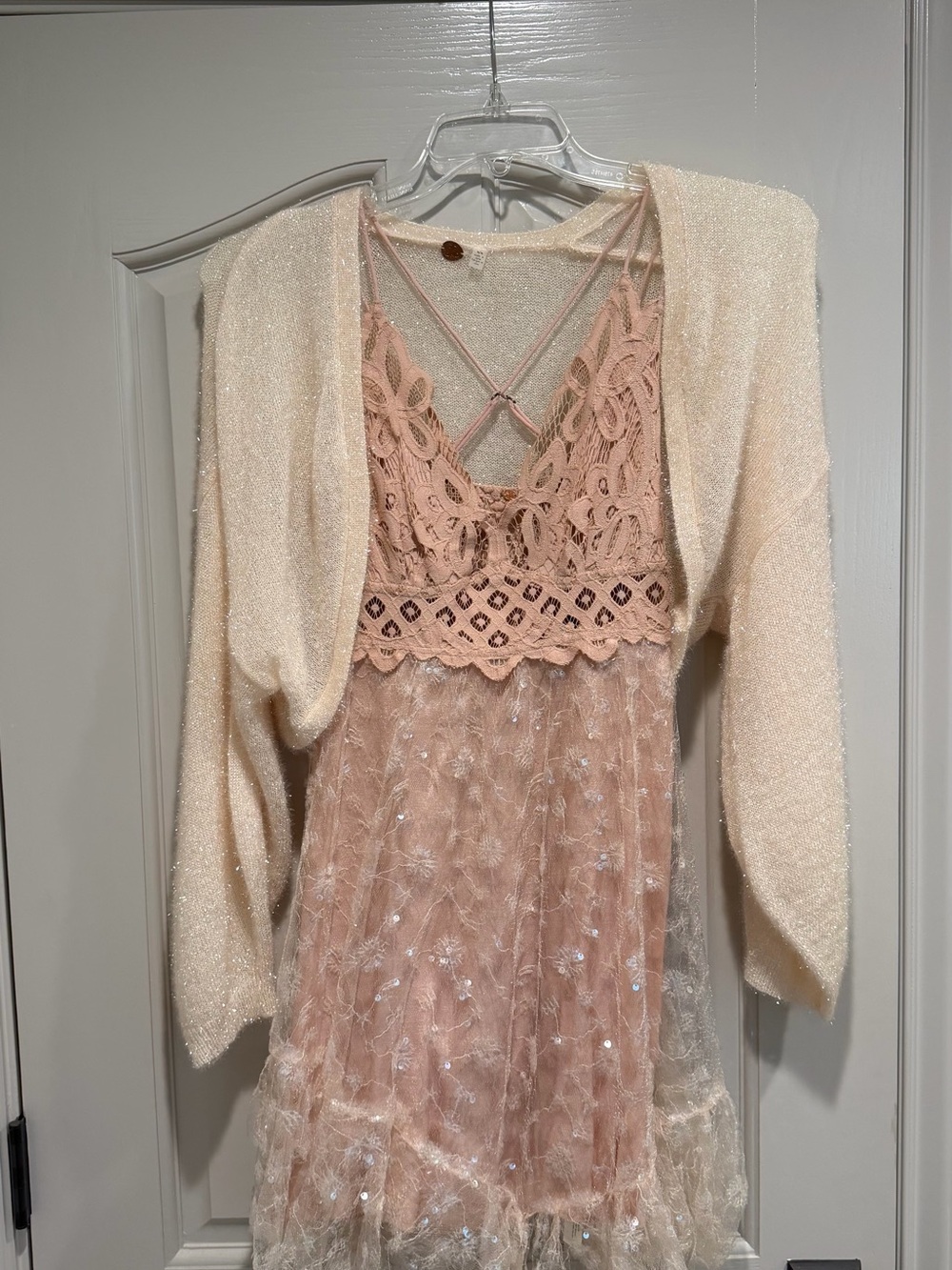 Free People Blush Pink Lace Mini Dress with Cream Cover